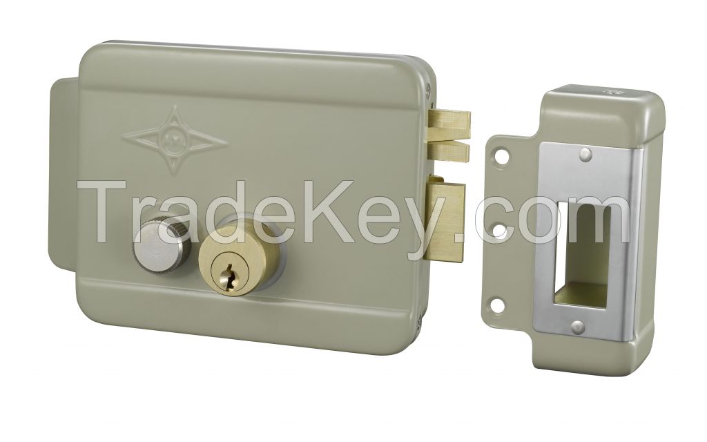 Gate Electric Rim Lock, With Push Button, Brass Cylinder