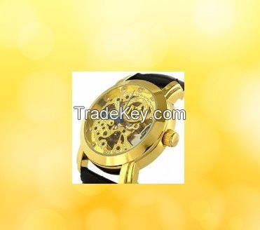 Specials Golden Skeleton Dail Black Leather Strap Automatic Mechanical Watch