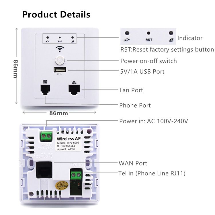 WPL6009 White AC100V-240V power supply wifi wireless routers repeater wall ap access point for hotel home