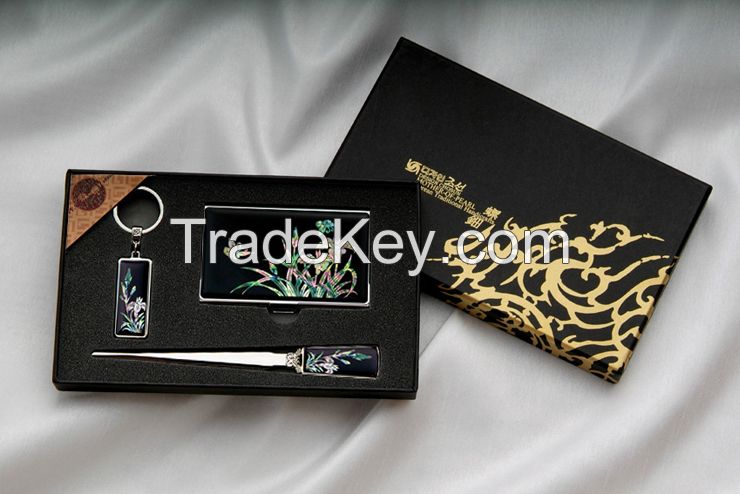 Card Case, Key Ring and Letter Opener Set with Mother of Pearl Crane Design - Korean Traditional Lacquerware Handcraft Souvenir