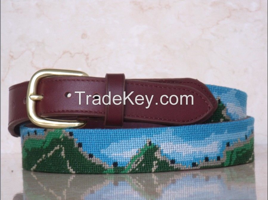 The Great Wall Needlepoint Belts For Adults with Genuine Cowhide Leather