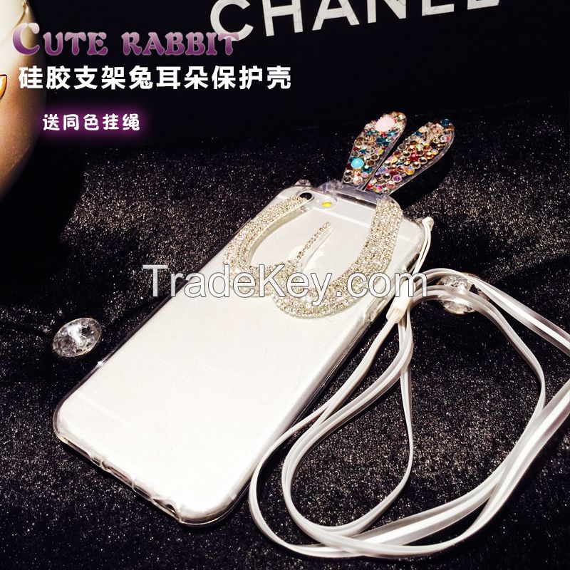 Rabbit ears bracket diamond Silica phone case for iPhone