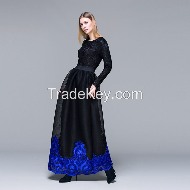 New Arrival Elegant Long Sleeve Ruffle Beaded Navy Blue Floor-length Evening Gown