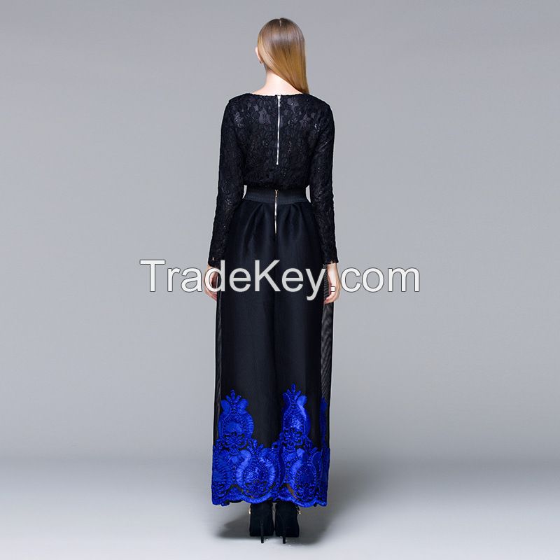 New Arrival Elegant Long Sleeve Ruffle Beaded Navy Blue Floor-length Evening Gown