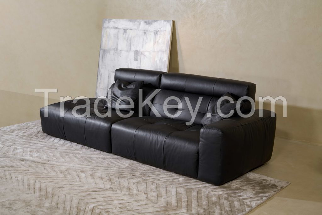 Cosy  Top Grain Genuine Light Oil Wax Cowhide Leather  Black Living Room Sofa