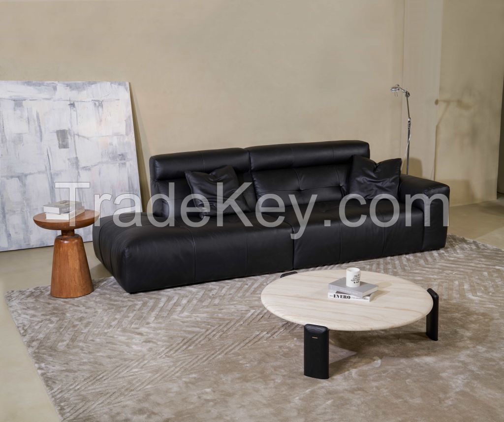 Cosy  Top Grain Genuine Light Oil Wax Cowhide Leather  Black Living Room Sofa