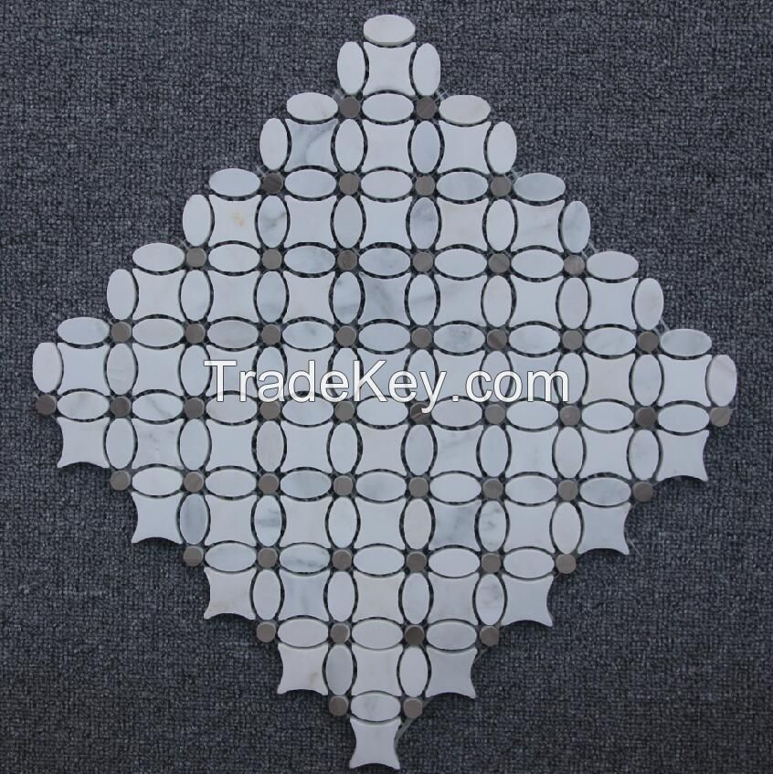 Carrara White Flower Pattern Mosaic Tile w/ Emperador Dark Dots Polished 