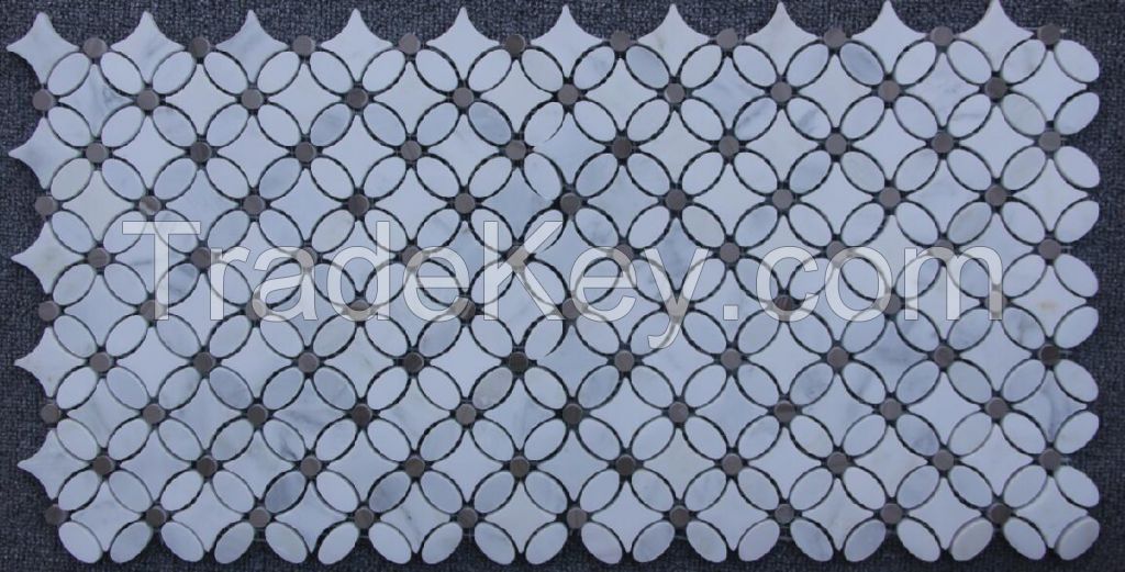 Carrara White Flower Pattern Mosaic Tile w/ Emperador Dark Dots Polished 