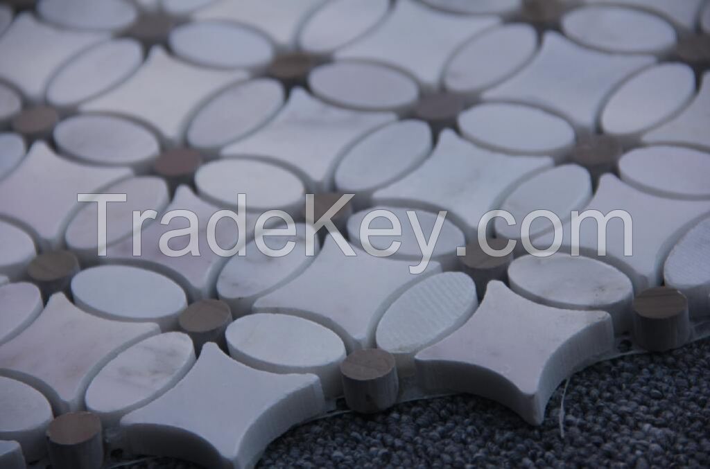 Carrara White Flower Pattern Mosaic Tile w/ Emperador Dark Dots Polished 