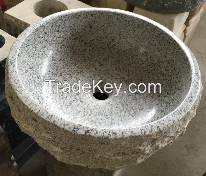 Round Stone Vessel, White Granite, Rough Exterior