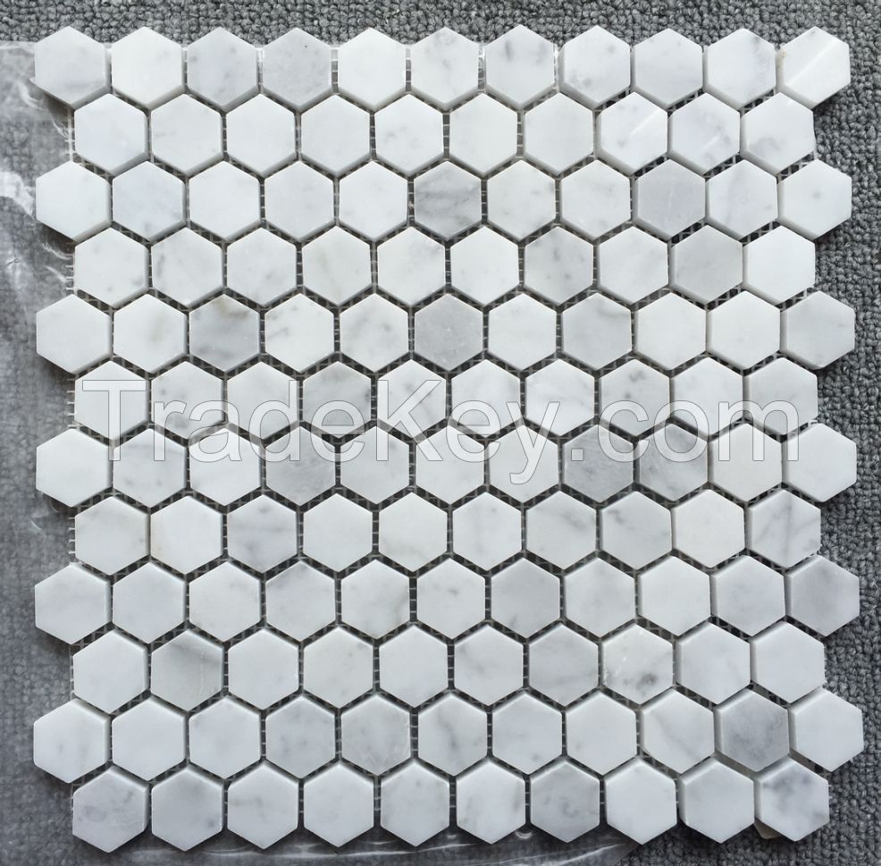 Carrara White Mosaic Tile; hexagon polished 