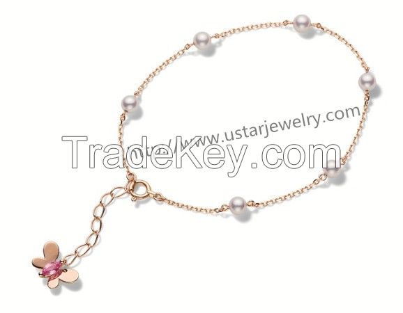 Diamond Pearl Silver Bracelet Cute Female Butterfly Jewelry