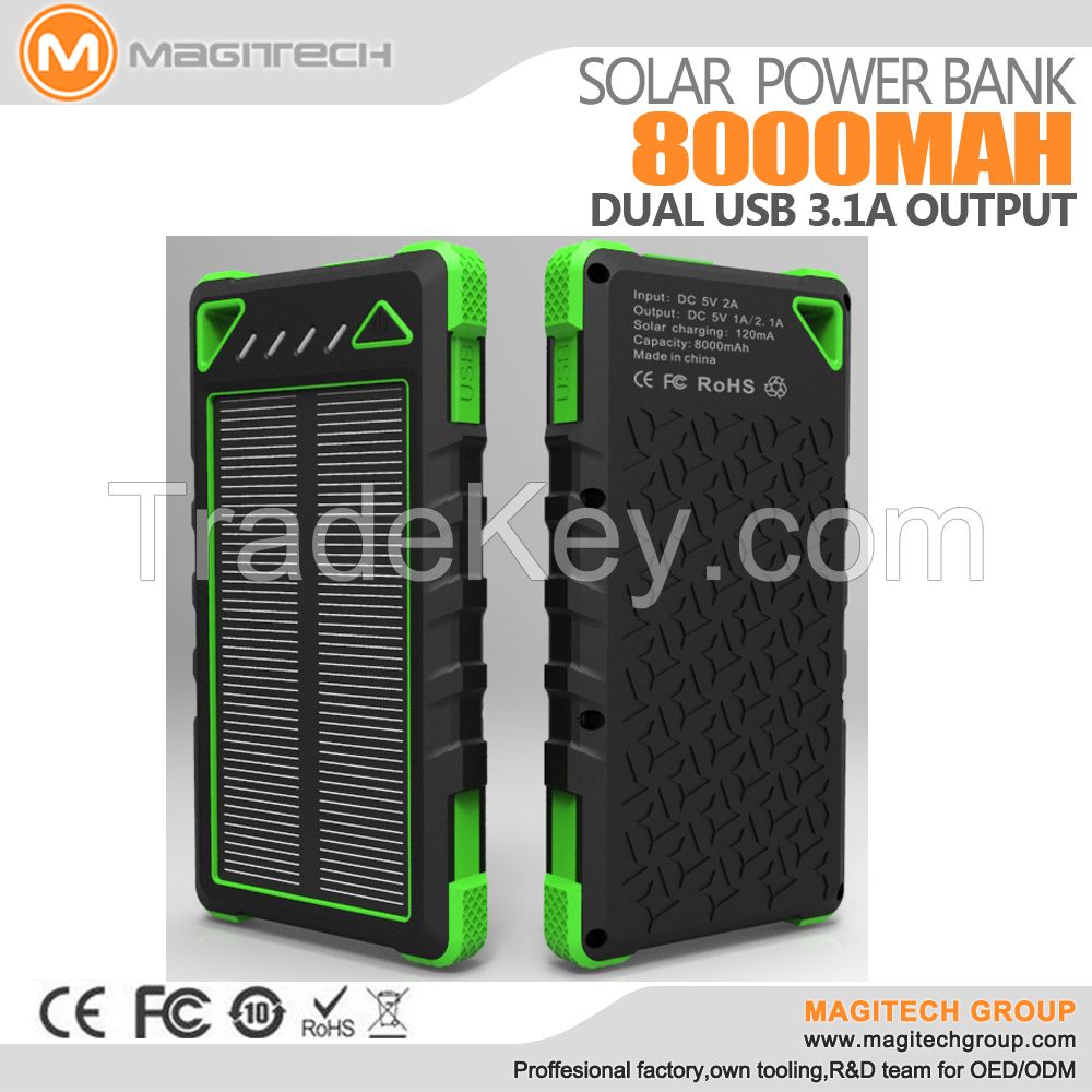 Waterproof solar 8000mAh power bank