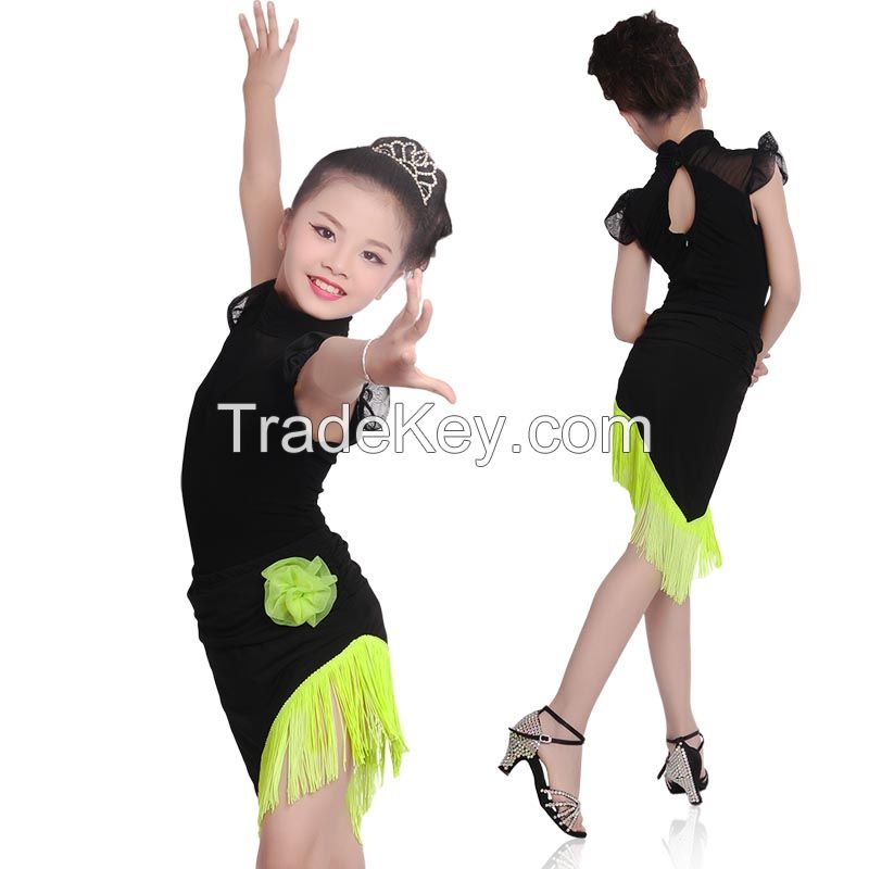 Girls High Neck Performance Dress Latin Dance Skirt Suit