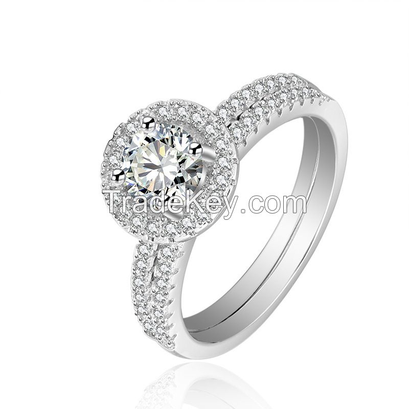 silver wedding ring set round CZ pave setting for women and men rings