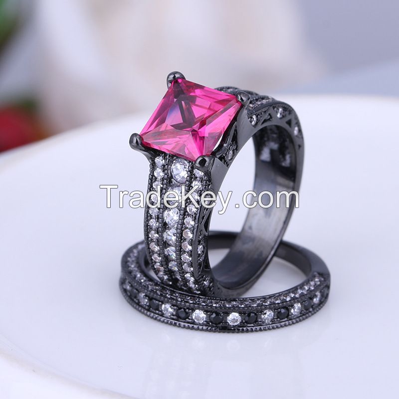 925 Silver Sterling Black Ring Set red ruby gemstone and CZ rings