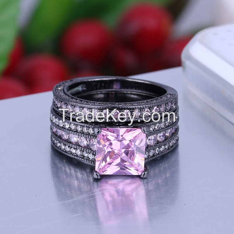 925 Silver Sterling princess square pink simulated diamond rings