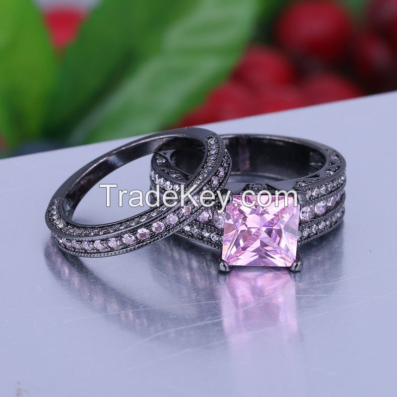 925 Silver Sterling princess square pink simulated diamond rings