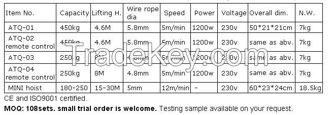 Portable electric winch 450kg with remote