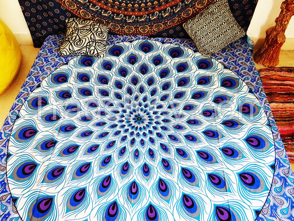 PEACOCK FEATHER BLUE MANDALA BEDSPREAD WALL HANGIN