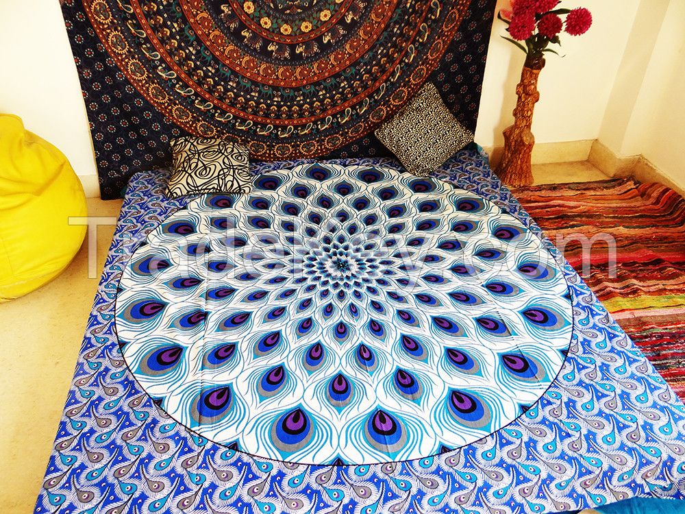 PEACOCK FEATHER BLUE MANDALA BEDSPREAD WALL HANGIN