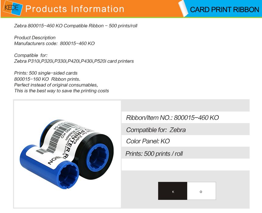 For Zebra  800015-460 black compatible card printer ribbon