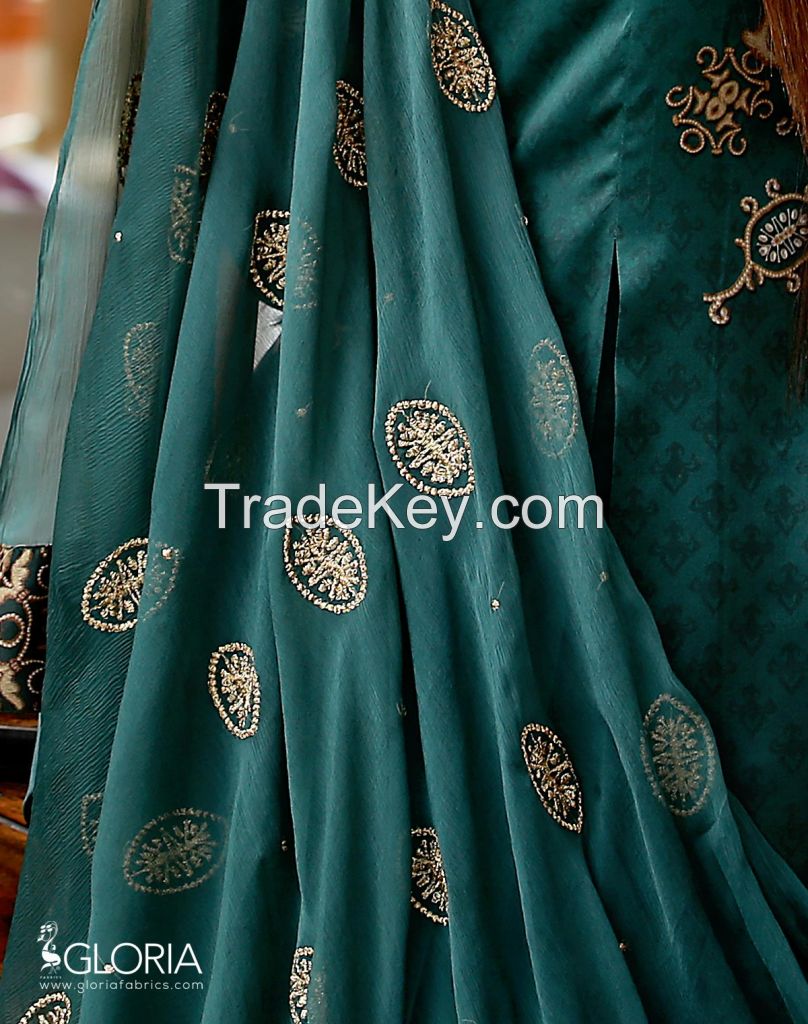 Sea Green Digital Silk Embroidered Inspiring Intricacy 3-Piece Unstitched Suit For Women - 1607