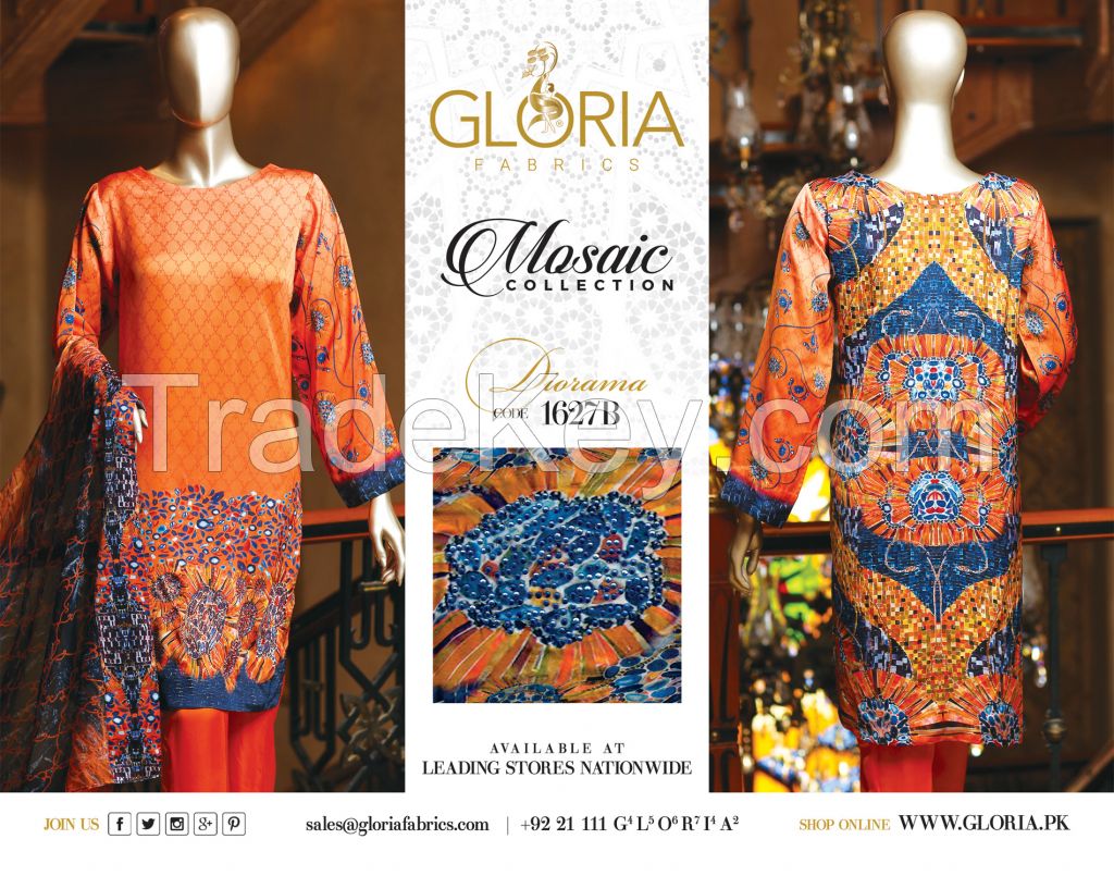 Mosaic - Printed &amp; Stone Embellished 3-Piece Silk Unstitched Pakistani Designer Suit Collection For Women 