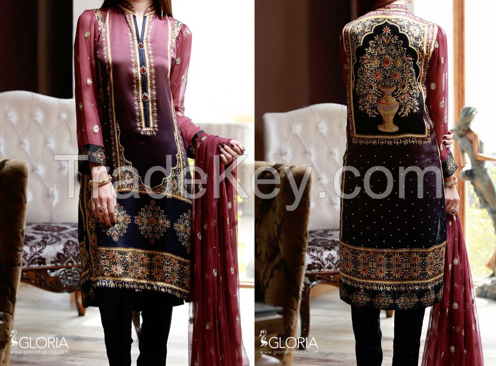 Ethnic Filigree Silk Collection - Digital Printed &amp; Embroidered Silk (3Pcs) Designer Suit for Women 