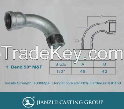 Malleable iron pipe fitting-M&amp;F 90&Acirc;&deg; long sweep bends