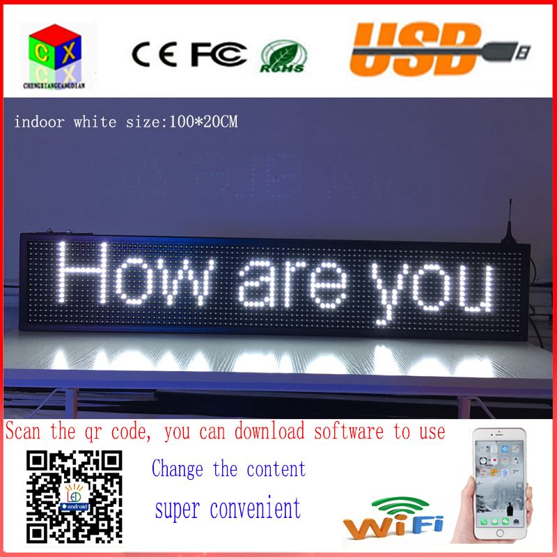 led display screen 40X8 inch P10 indoor white LED sign wireless and usb programmable rolling information 