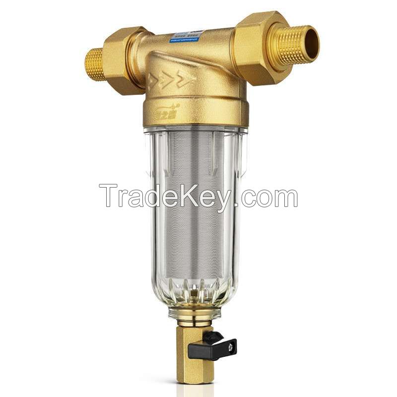 Brass water prefilter with self-cleaning function