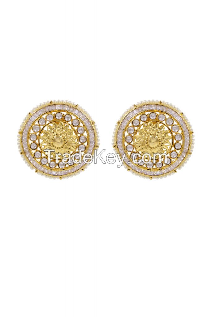 Golden Earrings with White Kundan Stone