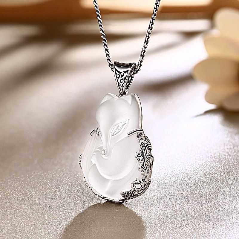 Charming fox white crystal antique S925 sterling silver pendant