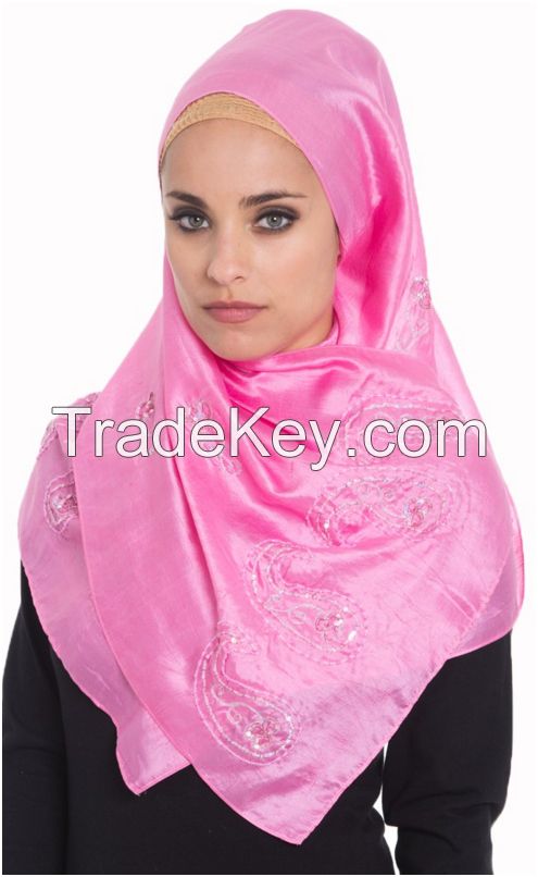 Pink silk wrap hijab with hand beaded motifs scarf