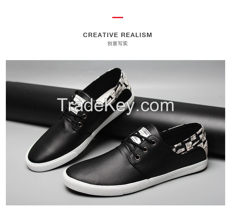 LEYO summer man shoes black and white Pu casual shoes lace-up sneaker