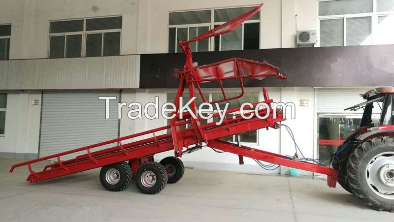 bale bundle transportation trailer for farm tractor with hydraulic self loading and self unloading