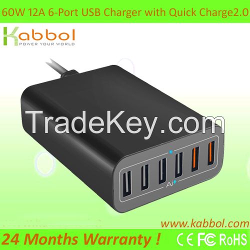 Quick Charge 2.0, 60W 6 port USB Fast Charger Wall/Travel Power Adaptor with Qualcomm Technology for Apple iPhone 6s 6s plus 5s 5c 4s and Tablets