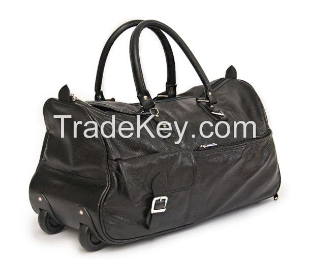 Genuine Leather Travel Duffle Outdoor Luggage Trolley Bag Black