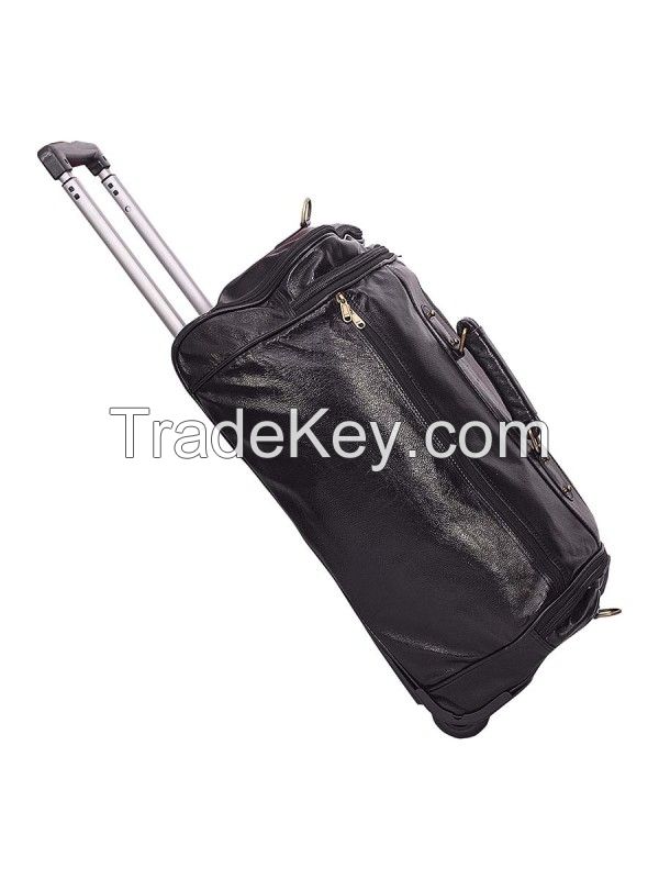 Genuine Leather Travel Duffle Outdoor Luggage Trolley Bag Black