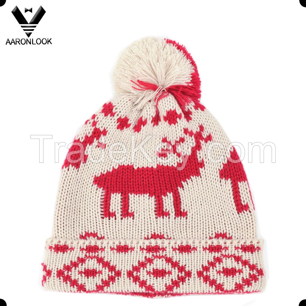 2016 new fashion deer jacquard pattern beanie hat with pompom