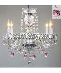 Chandelier Lighting W/ Crystal Pink Hearts! H 17 W17