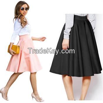 Womenâs Stretch High Waist Short Skirts Plain Skater Flared Pleated Mini Dress