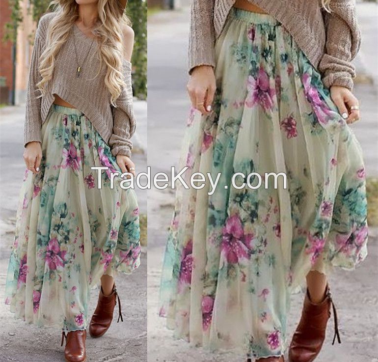 New Retro Women Chiffon Floral Print Pleated Long Maxi Dress Elastic Waist Skirt