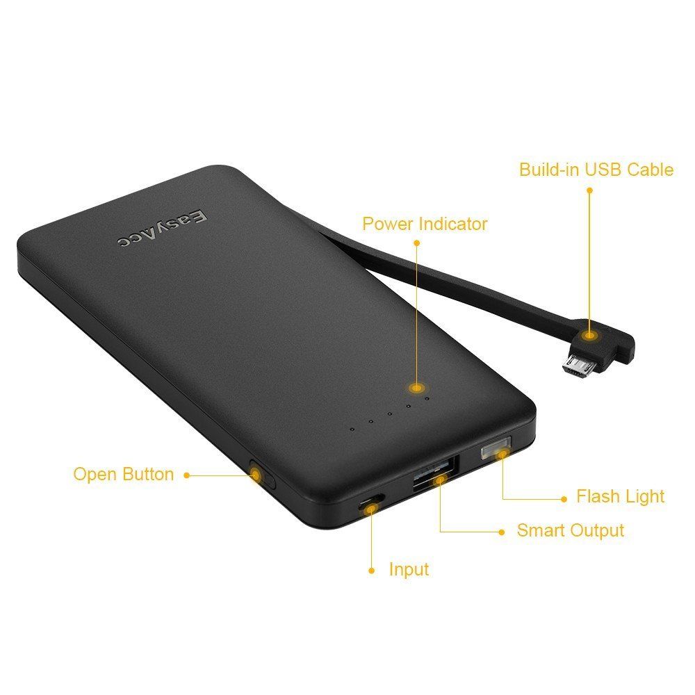 EasyAcc 6000mAh Ultra Slim Portable Battery  with Built-in Cable