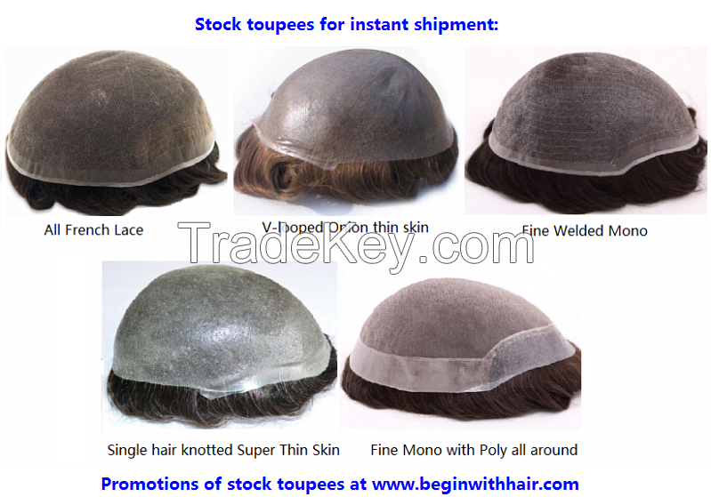 Best quality Fine Mono men toupee on sale, durable stock toupee for men