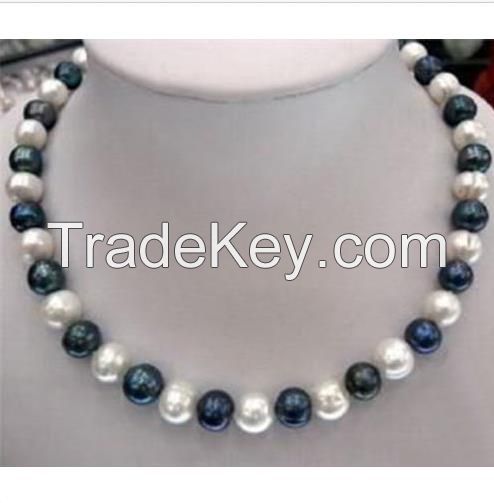 natural 7-8mm Black+White south sea pearl necklace 18inch14k