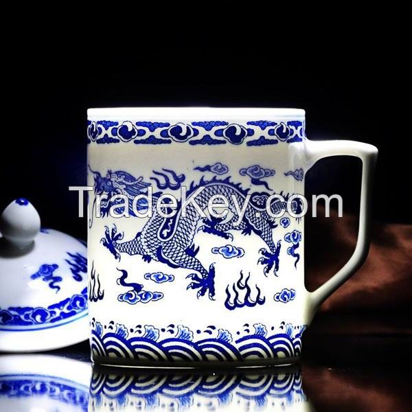 Embossed Dragon Blue and White Mug With Lid