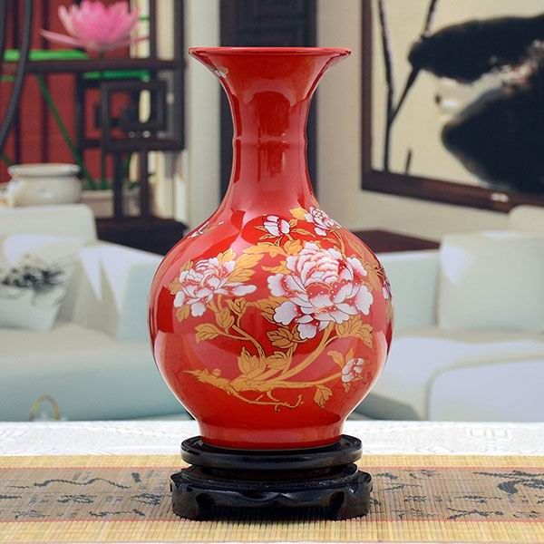 Chinese Red Porcelain Vase With Peony Floral Motif