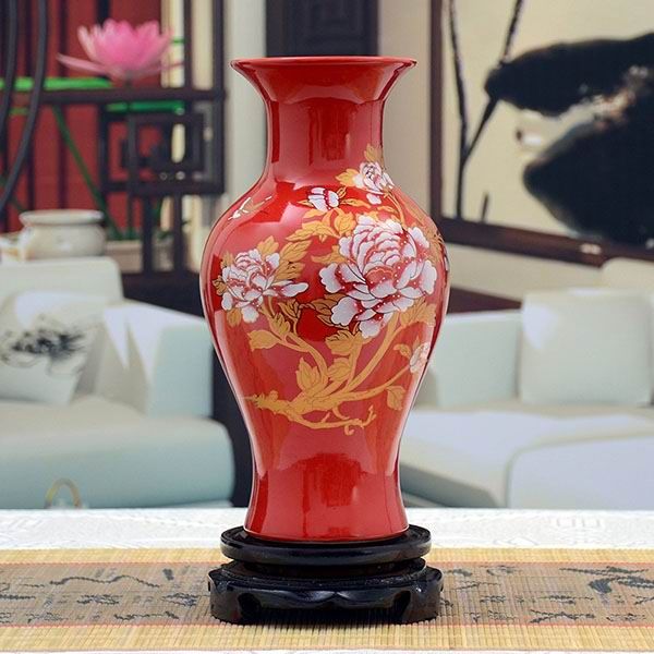 Chinese Red Porcelain Vase With Peony Floral Motif